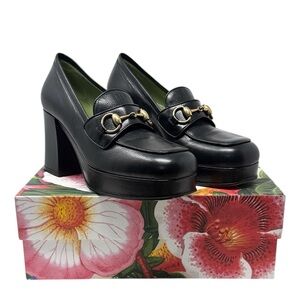 Gucci Houdan Platform Loafers Black Leather Horsebit Mules